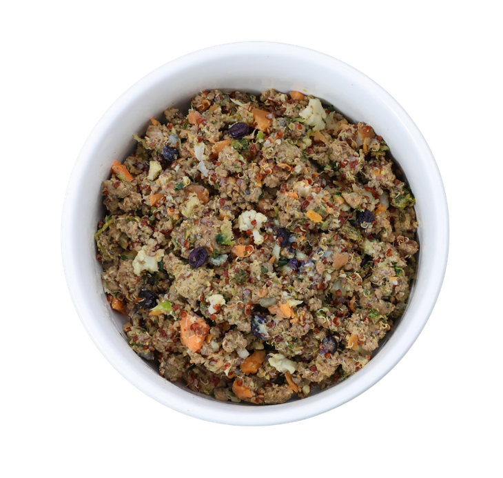 Beef Bonanza recipe bowl from above — ground beef, red quinoa, blueberries and vegetables