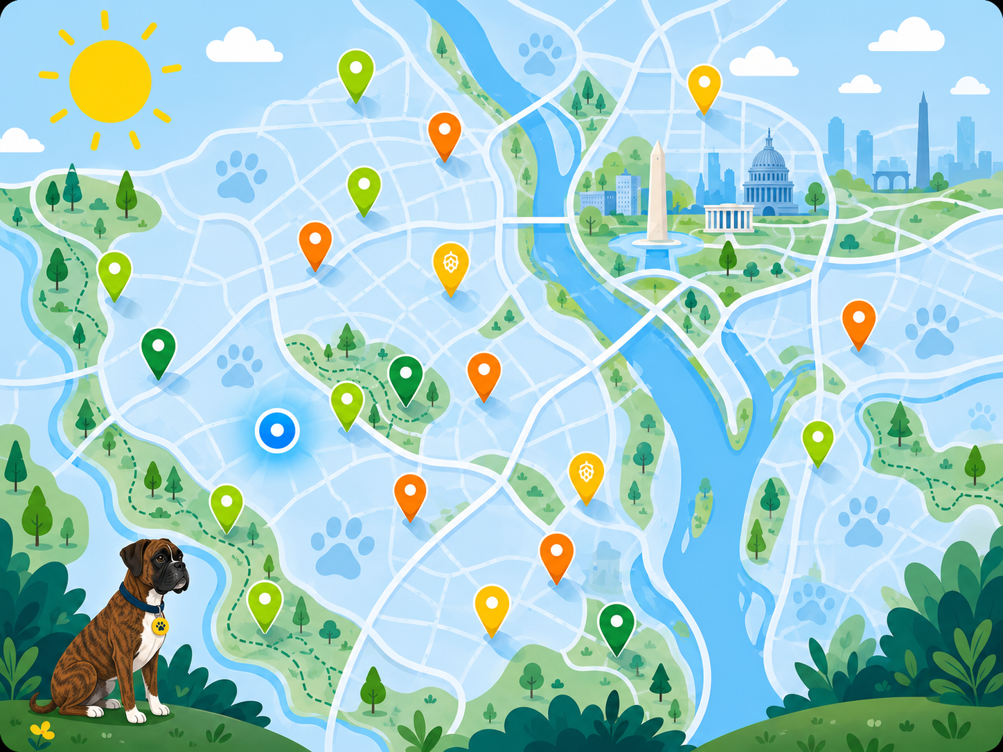Bogey Town — a map of dog-friendly parks, trails, breweries and restaurants across DC, Maryland and Virginia, with Bogey the dog