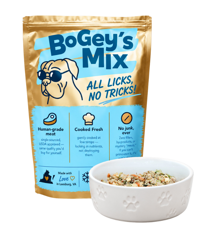 A Bogey's Mix pack next to a full bowl of fresh food