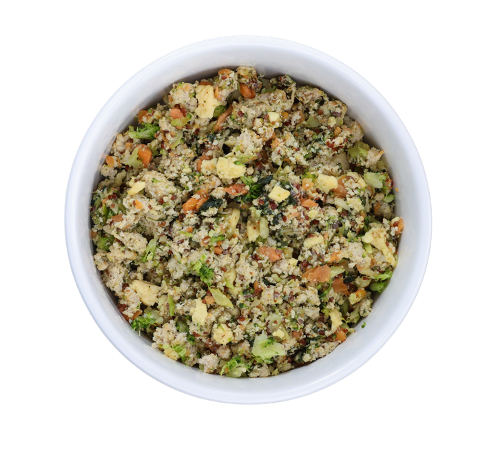 Turkey Feast recipe bowl from above — turkey, egg, broccoli, carrot and quinoa